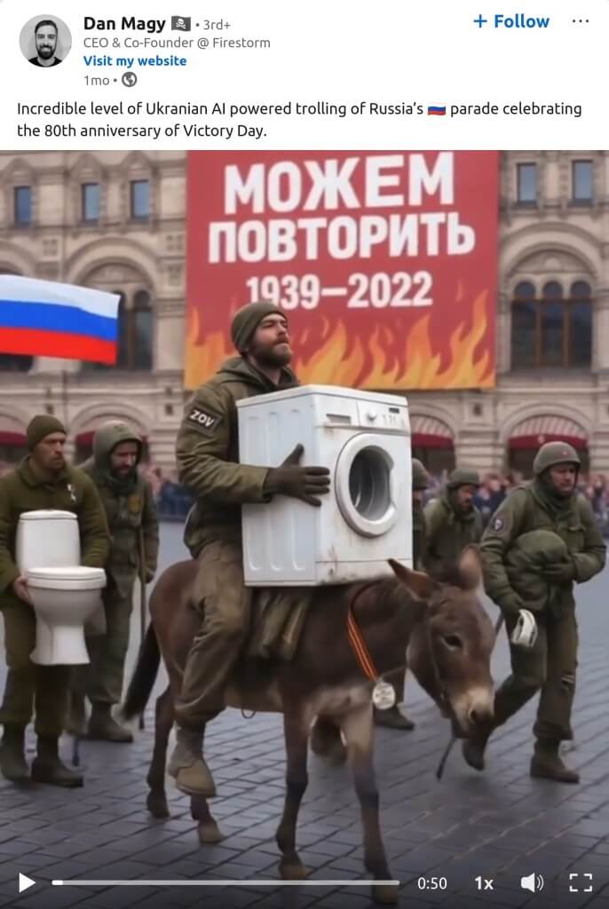 Dan Magy (2025) Incredible level of Ukranian AI powered trolling of Russia’s 🇷🇺 parade celebrating the 80th anniversary of Victory Day.