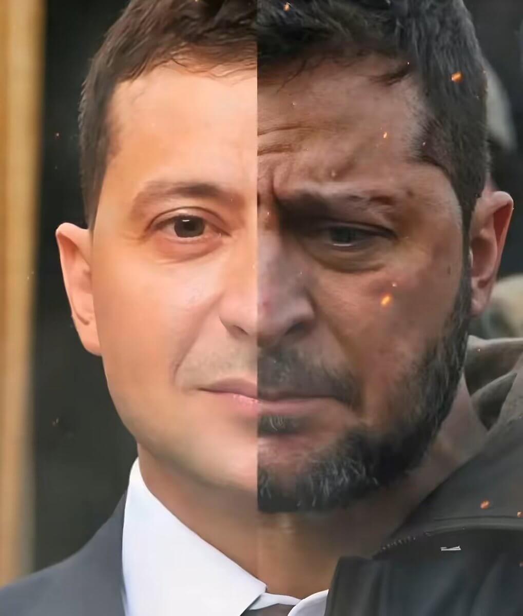 Zelensky - with suit before and after 3 years of war against his people